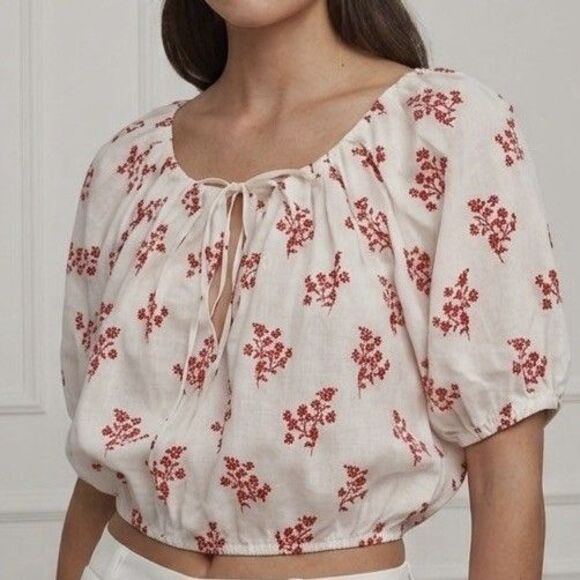 H&M Tops - H&M Womens White Linen Blend Blouse Red Floral Puff Sleeve Cropped Peasant Sz S
